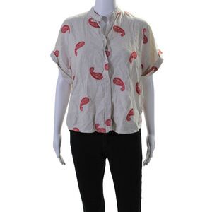 Absolu Womens Cotton Paisley Print Button Short Sleeve Collared Top Beige Size S